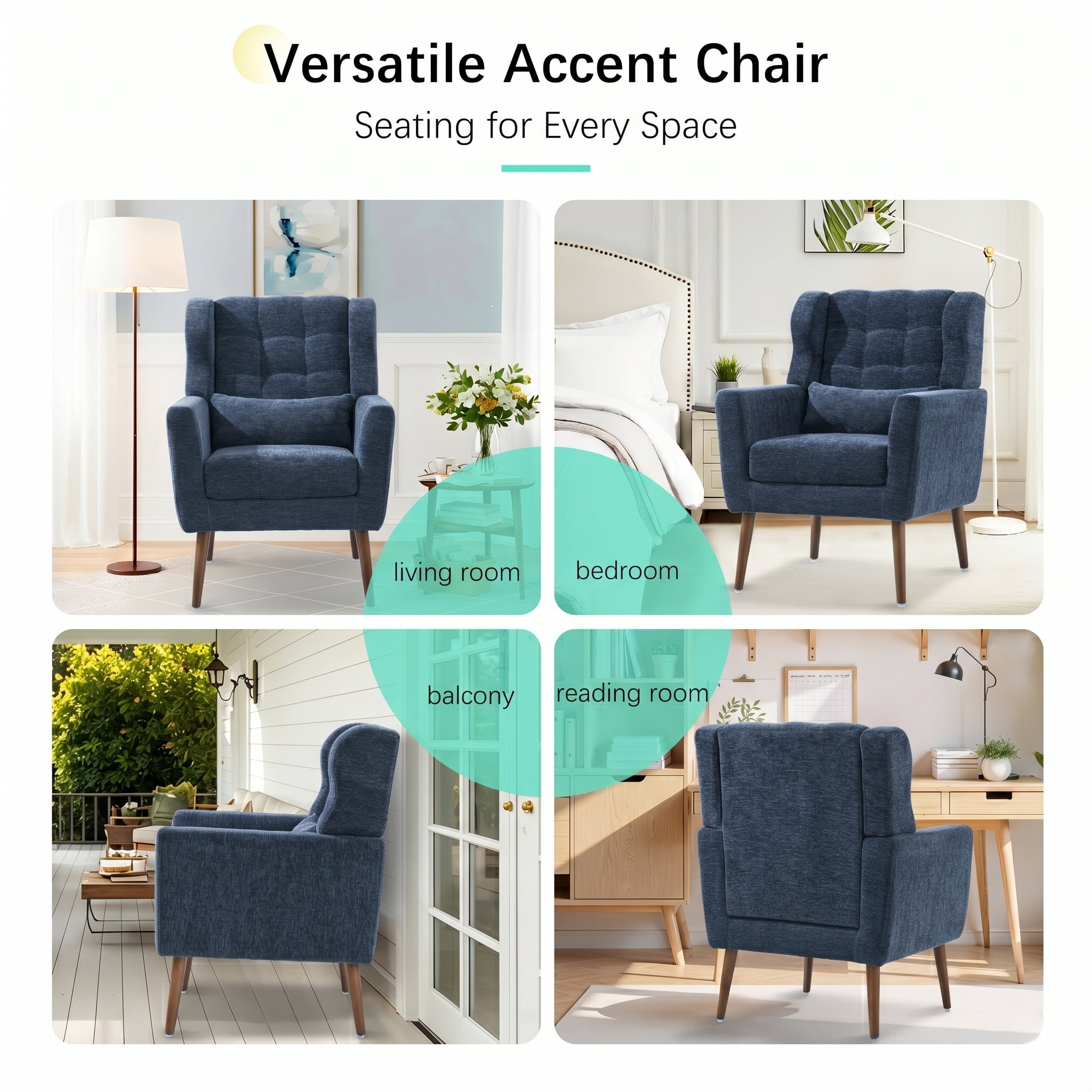 AISWORD Modern Accent Chair, Upholstered Armchair with Pillow, Fabric Single Sofa Chair with Lounge Seat and Wood Legs Accent Chair for Living Room Bedroom Small Spaces, Dark Blue