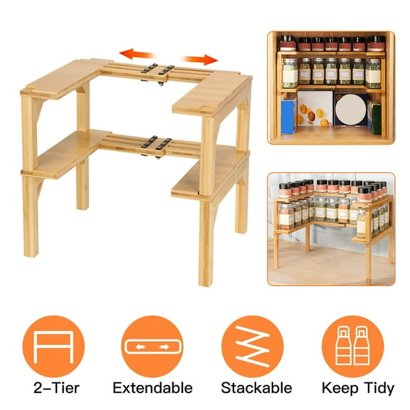 Moclever 2 Tier Kitchen Spice Organizer, Bamboo Spice Rack Expandable 10.63-14.57in Stackable Cabinet Spice Organizer for Countertops Pantries Cabinets, Bamboo