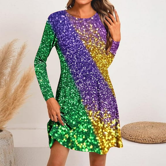 Blmnix Sparkly Valentine Party Dresses for Women Carnival Mini Tent Skirts Crew Neck Long Sleeve New Years Eve Dress Women,XXL