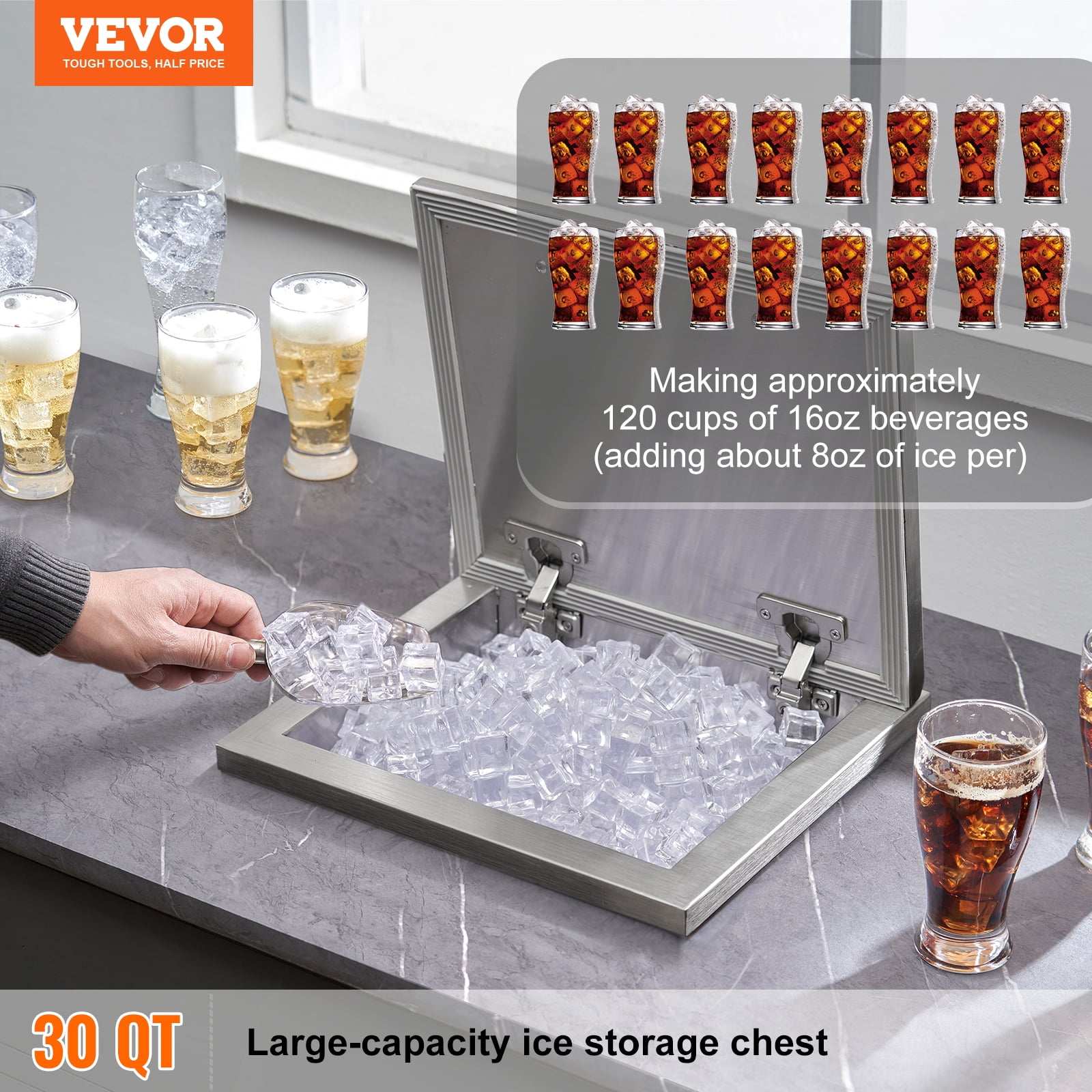 KFFKFF 14"x12"x18" Drop in Ice Chest Ice Cooler Ice Bin Stainless Steel w/Cover