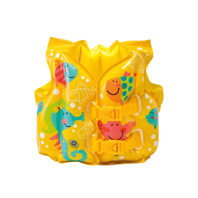 chaleco salvavidas inflable para niños, ajustable con doble botón, flotador de boya, yunyi brand deportes amarillo con estampado de peces y caballitos de mar; vista frontal centrada con silueta inflada, dos cierres de hebilla ajustables y válvula de inflado visible, PVC, tamaño inflable 41 x 30 cm para edades 3–5 años, adecuado para playa o piscina y también apto como chaleco de aprendizaje para mejorar el equilibrio en el agua.