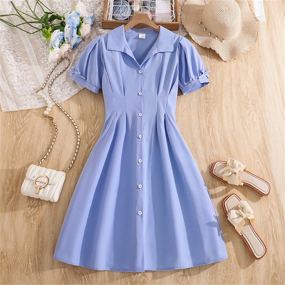 RTKFRFLM Girls Summer Short Sleeve Shirt Dress with Lapel Collar Kids Simple Solid Color Pleated A-Line Gown Toddler Elegant Preppy Style School Uniform Dress Soft Breathable Cotton Outfits
