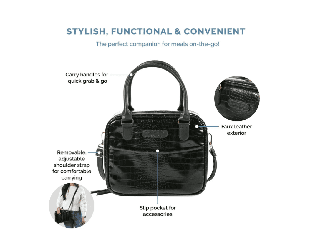 Veronica Jamison Hampton Faux Leather Lunch Tote by Arctic Zone, Lunch Bag with Food Storage & Ice Pack