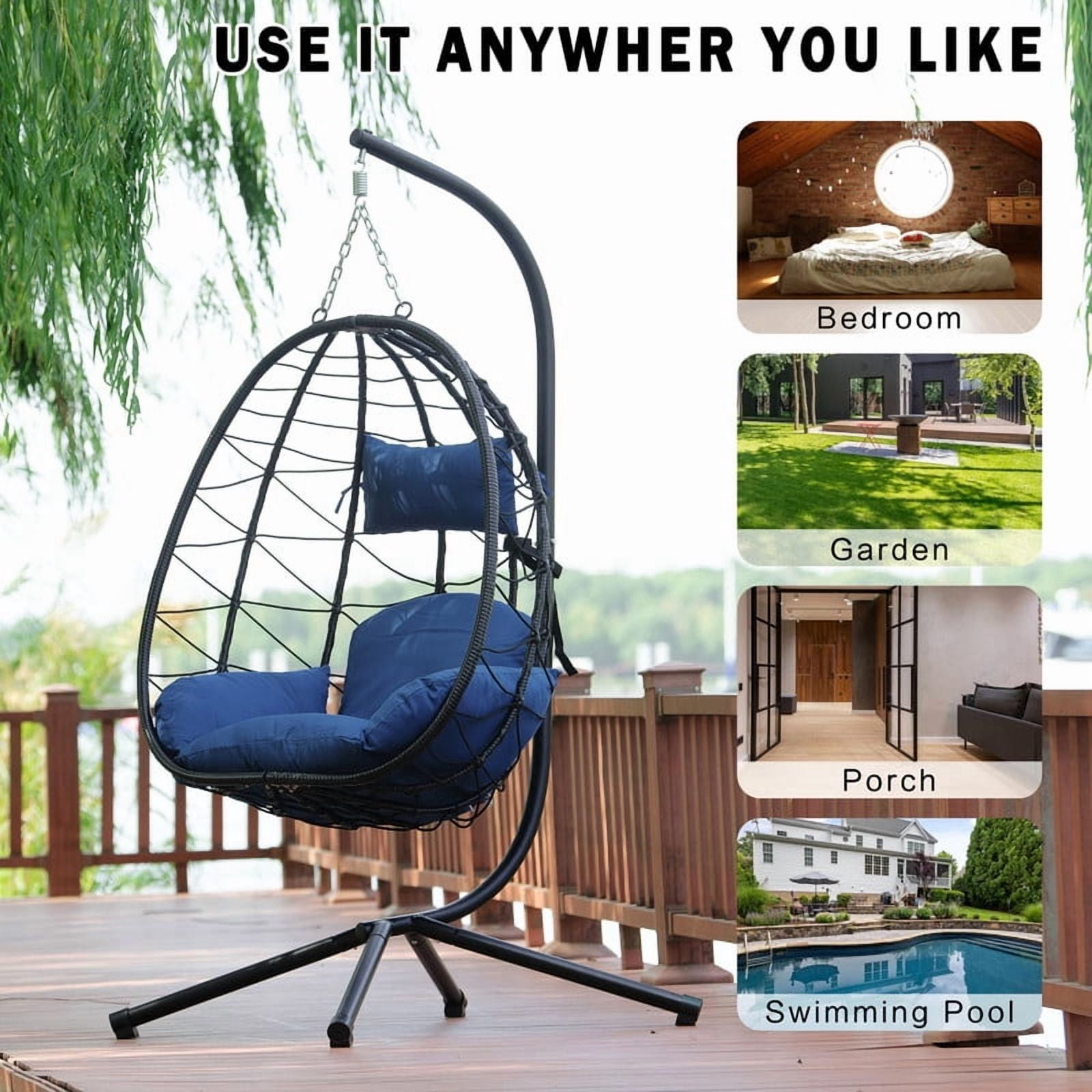 Hanging Egg Chair with Stand, Outdoorn Wicker Egg Swing Chair with Cushion, Heavy Duty Patio Hammock Chairs for Garden Backyard Balcony Bedroom