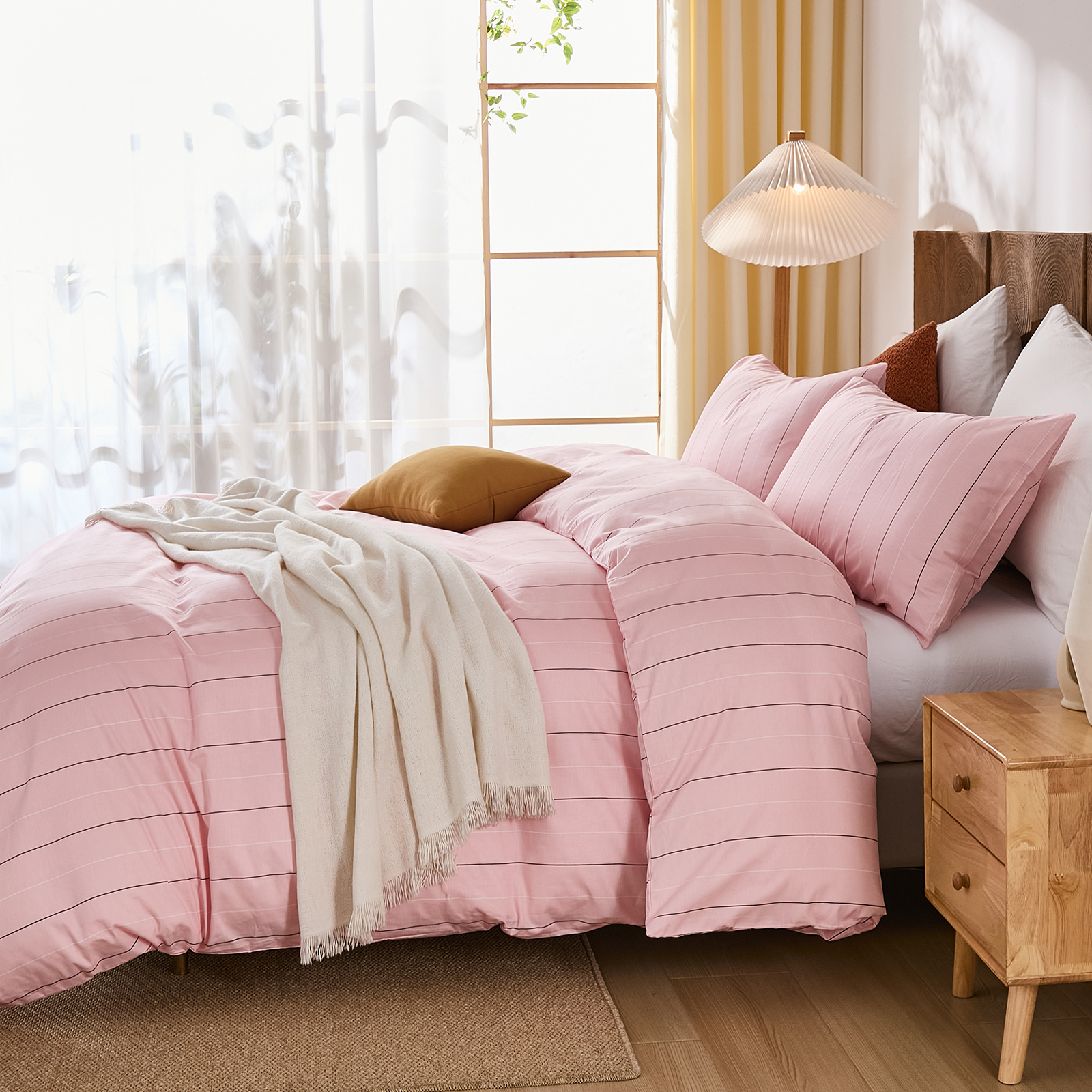100% Cotton Stripe Duvet Cover Set Queen Size - Gray Striped Duvet Cover Set with Zipper Closure & 8 Corner Ties, Modern Minimalist Wide Stripe Bedding Set for Cozy Elegant Bedroom