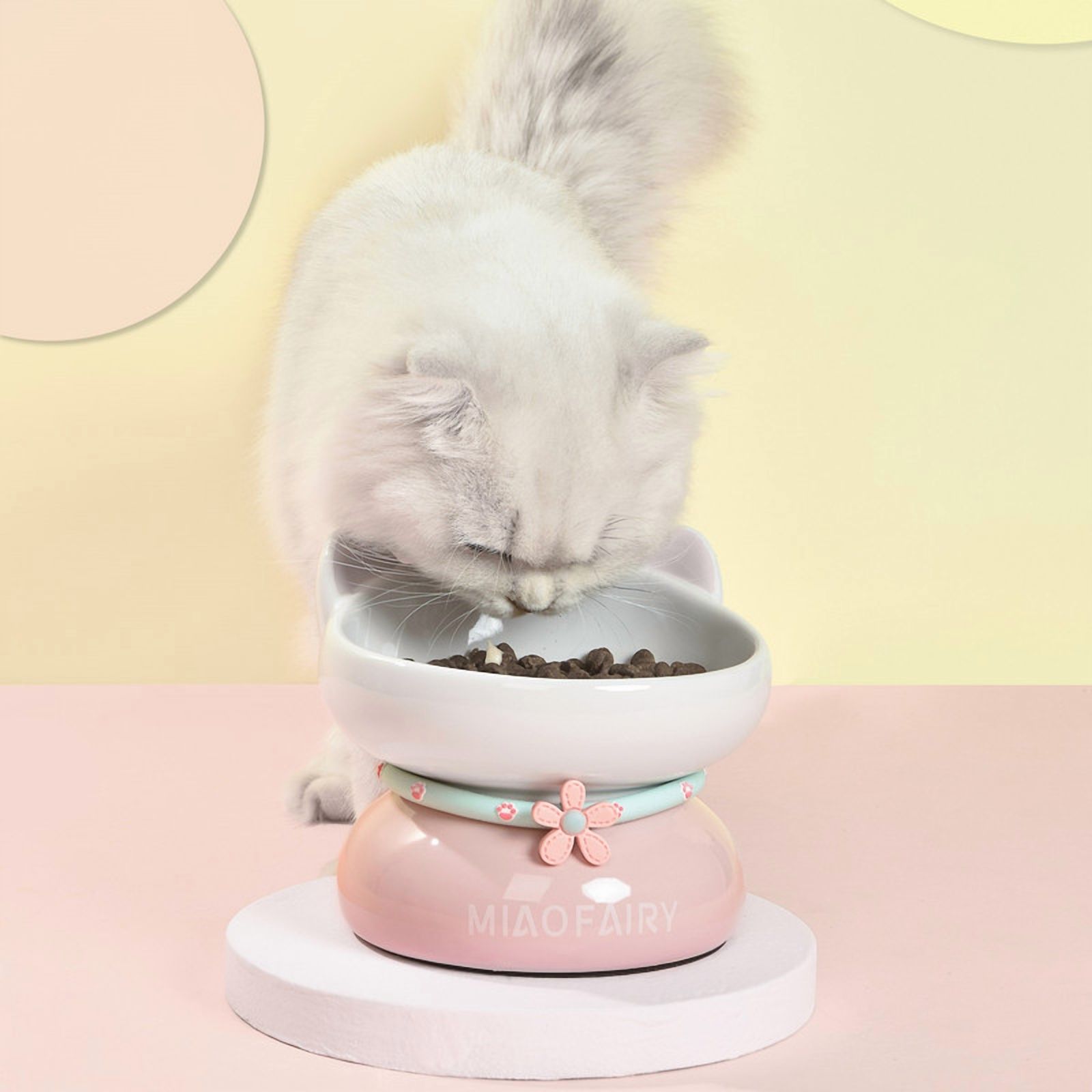 Fairela Elevated Ceramic Food and Water Bowl for Cats, Pink Cute Ear Design