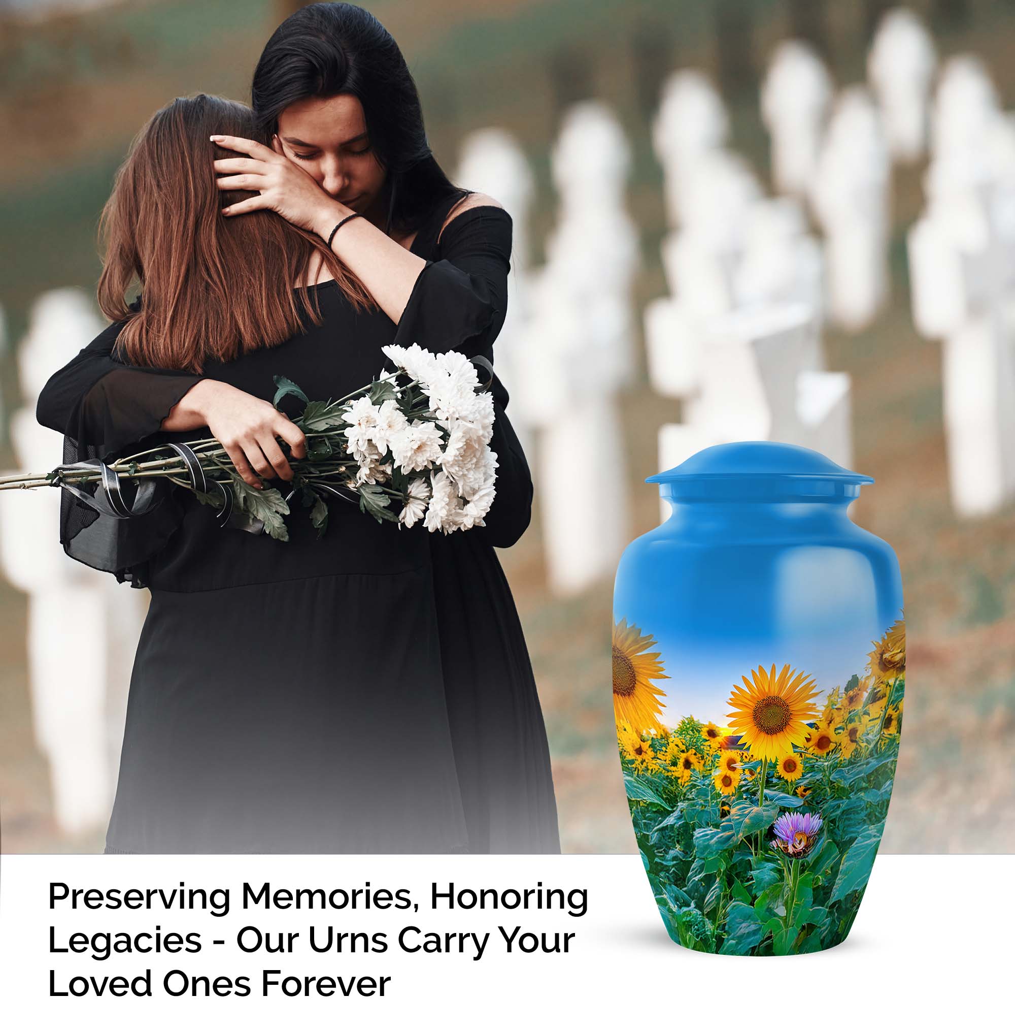 Sunflower Cremation Urns For Ashes For Women, Blue Decorative Urn For Ash Adult Male - 10 Inch, Large Urns For Human Ashes Adult Man, Sunset Burial Urn For Home Or Ceremony