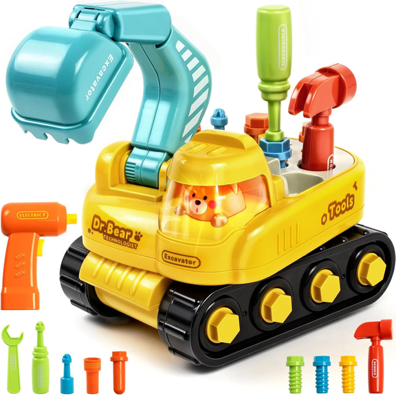 RORONOVA Toddler Excavator Tool Set for Kids Ages 1-3, Take Apart Construction Toy with Electric Drill, Lights and Sounds