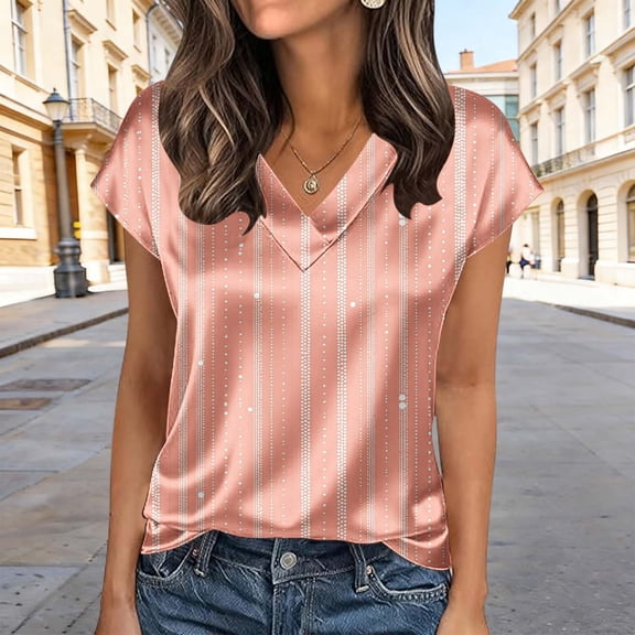 Qulqfy Holiday Blouses for Women Satin Silk Short Sleeve Plus Size Shirts V Neck Graphic Summer Tops Clothes for Women Over 50 L