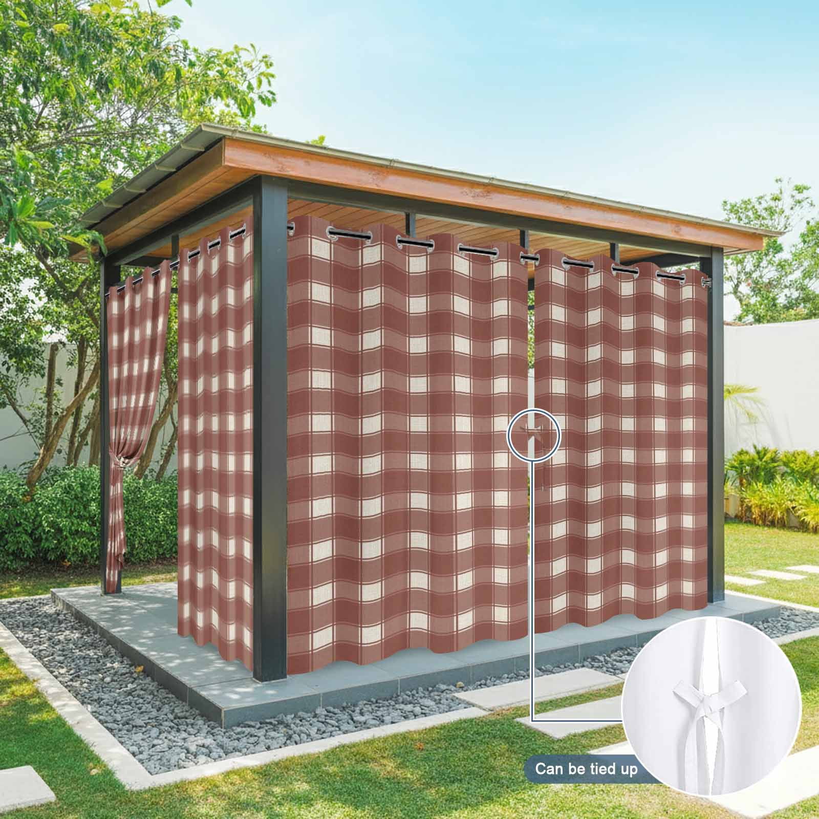 Vintage Red Brown Plaid Outdoor Curtains for Patio, Country Pastoral Farmhouse Checkered Plaid Sunshade Privacy Drapes Grommet Waterproof Outside Curtains for Porch/Cabana/Balcony 54"x 108", 1 Panel