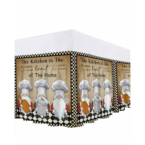 The Chef Bed Skirt Gnome Kitchen Retro Black Buffalo Plaid Bed Skirts Queen Size 16 Inch Drop, Wrap Around Dust Ruffle Bedskirt with Adjustable Elastic Belt for Queen Size Beds