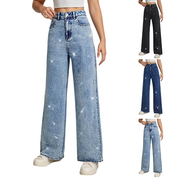 CAIXIA Womens Rhinestone Jeans High Waist Sright Leg Y2K Denim Pants Vintage Wash Trousers Streetwear