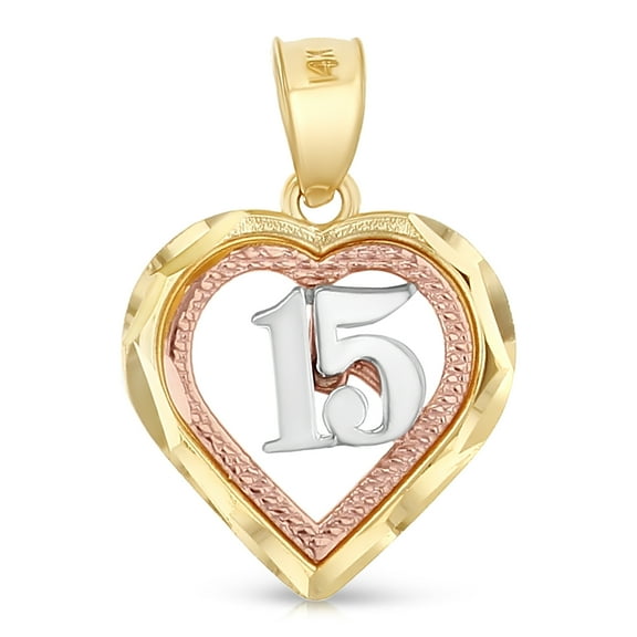 Ioka-14K Tri Color Gold Sweet 15 Years Quinceanera Heart Charm Pendant For Necklace or Chain
