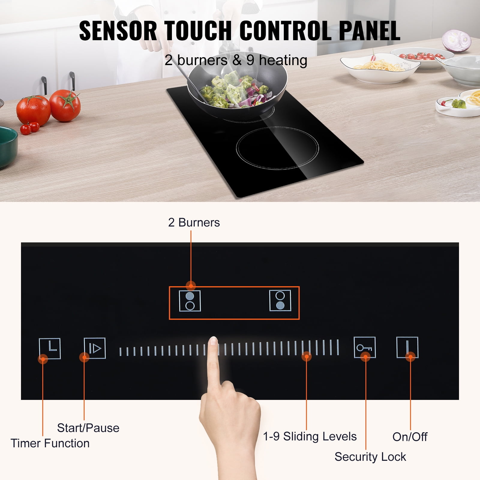 BENTISM 3000W Built-in Electric Cooktop Radiant Induction Cooktop Ceramic Cooktop 2 Burners Sensor Touch Stove 11.6''x20''