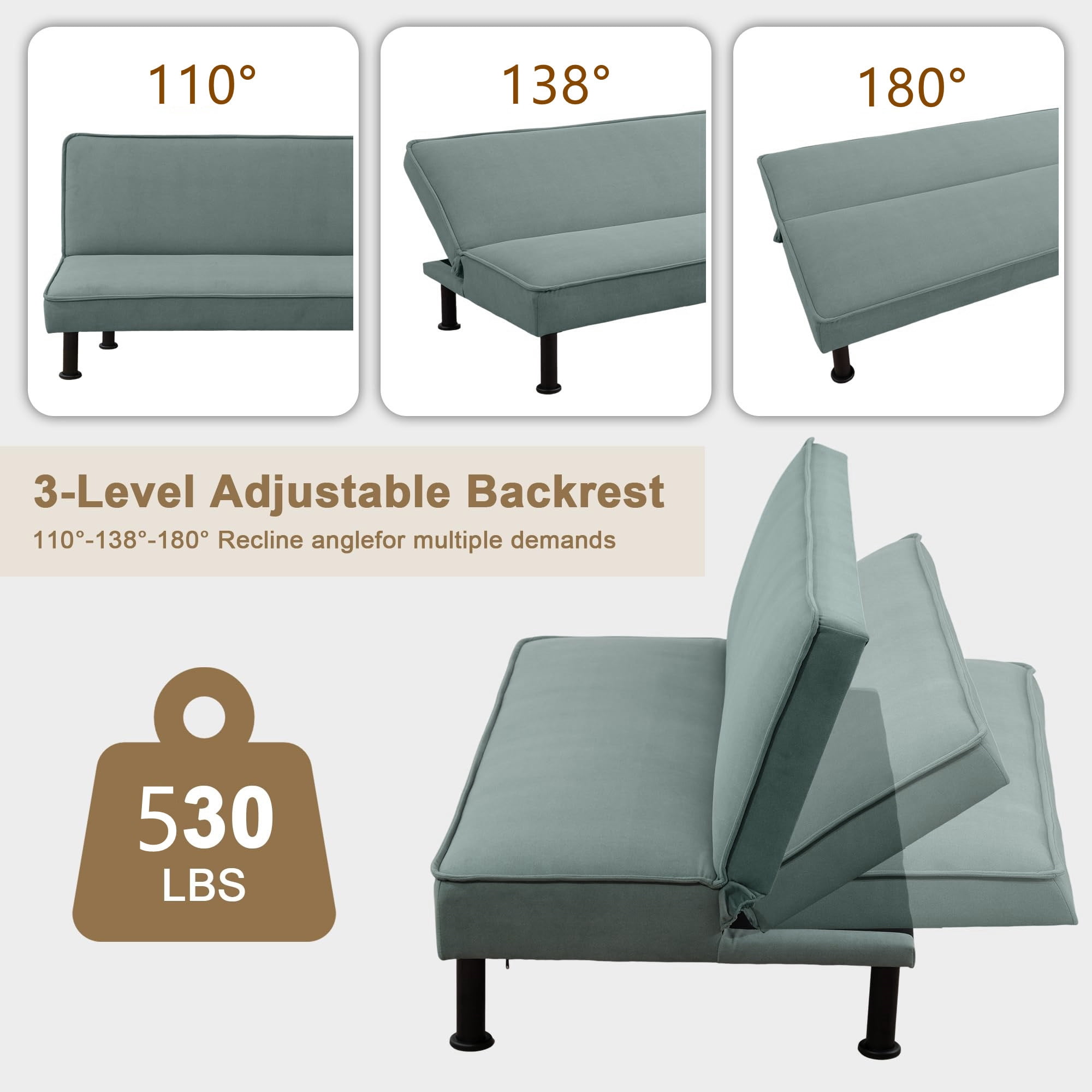 Aukfa Modern Futon Convertible Sofa Bed for Home Office, Adjustable Backrest, Flannel, Light Green