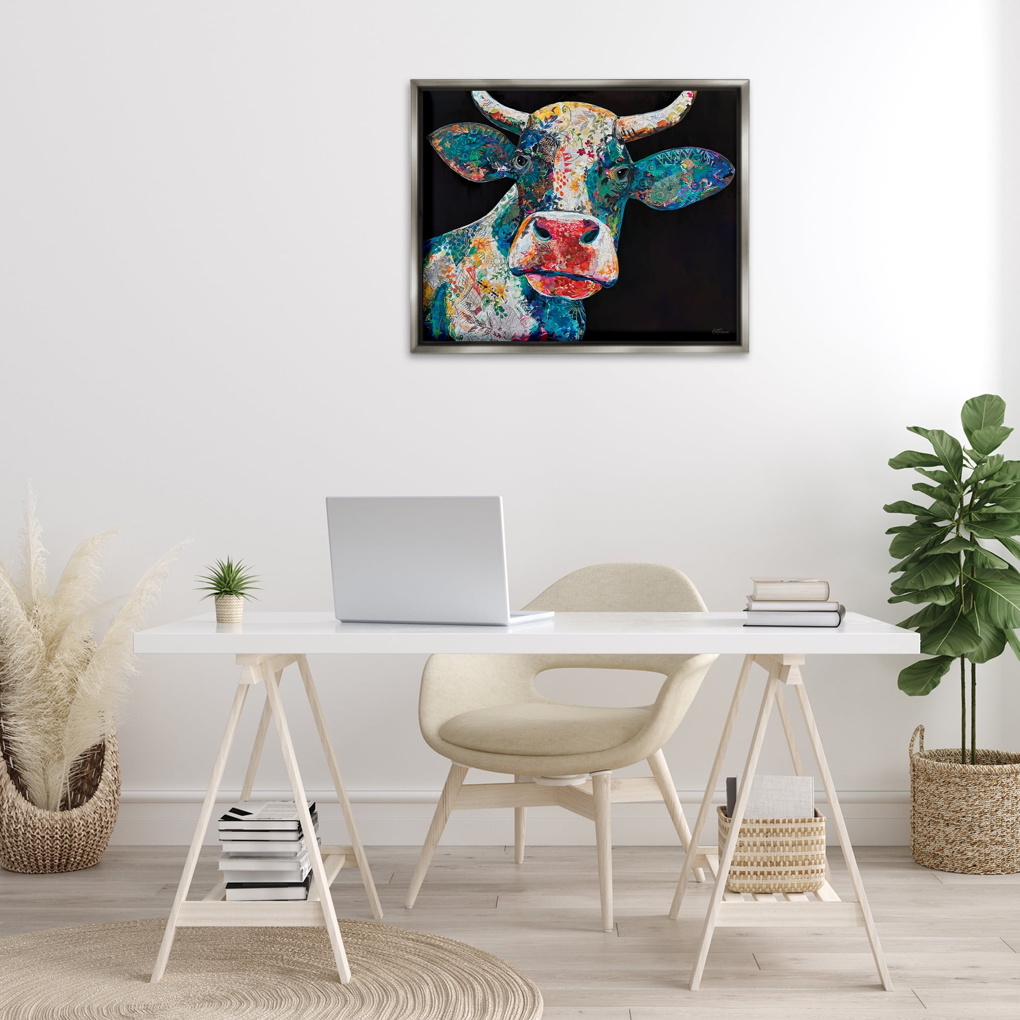 Stupell Industries Paisley Pattern Cow Animals & Insects Painting Gray Floater Framed Canvas Art Print Wall Art, 31 x 25