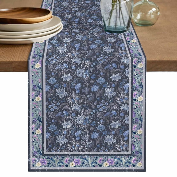 Navy Blue Floral Boho Cotton Linen Table Runner for Dining Kitchen, Ethnic Tribe Abstract Art Flower Wedding Outdoor Party Tablerunners, Dresser Scarf Coffee Tablecloth Runners 13x120 Inches