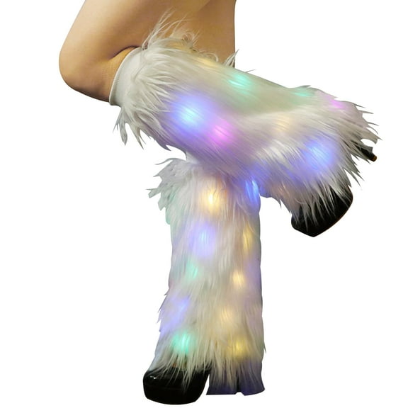 White Faux Fur Leg Warmers, MODANU Neon LED Light Up Leggings, Furry Leg Warmers for Women, Fuzzy Long Boots Cover Shoes Cuff, Christmas Rave Party Accessory