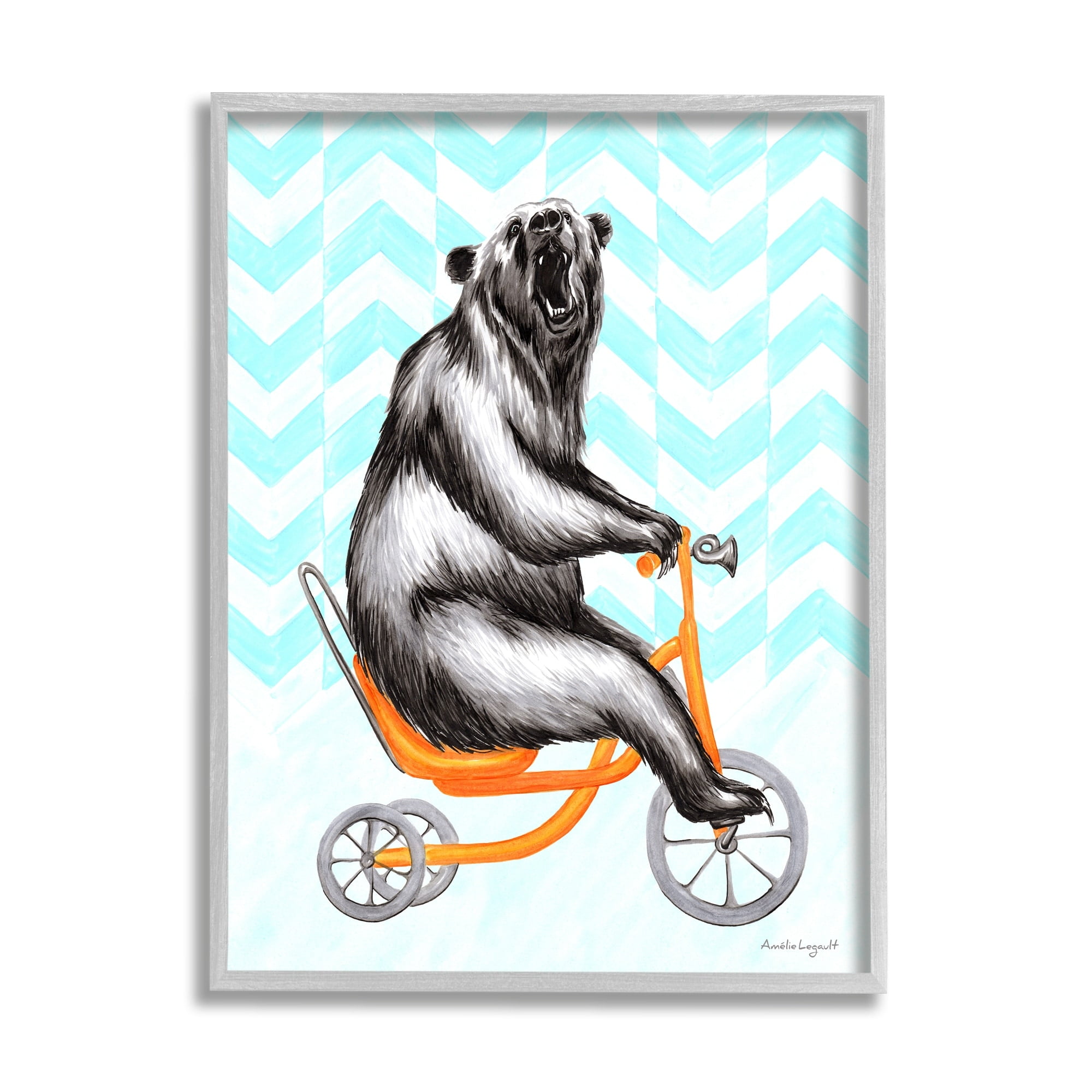 Stupell Industries Roaring Bear Riding Tricycle Whimsical Chevron Pattern Graphic Art Gray Framed Art Print Wall Art, Design by Amelie Legault