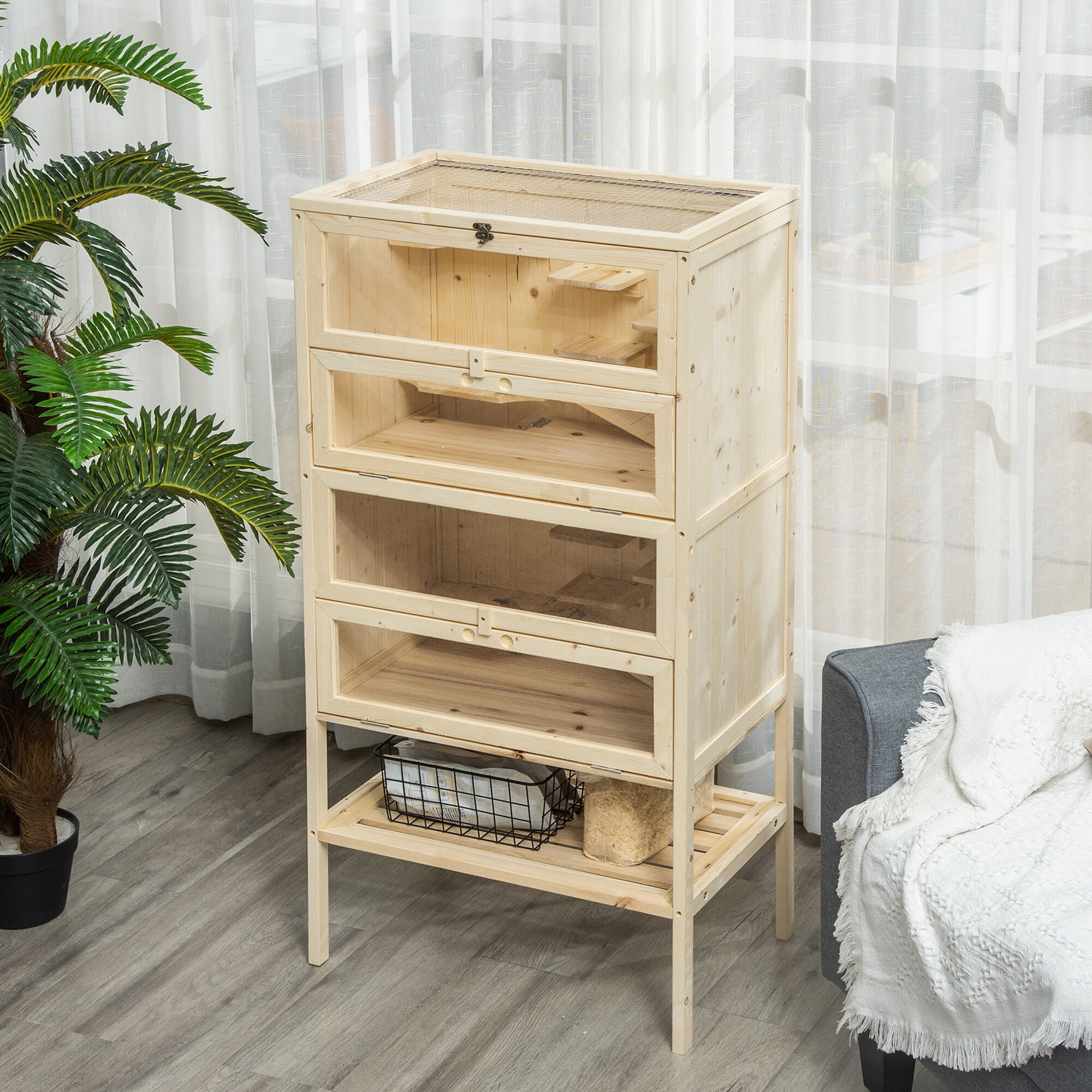Dog Bed PawHut 5-Tier Wooden Hamster Cage Mice Habitat Rat Habitat with Openable Top, Front Door and Storage Shelf,Large Dog Bed
