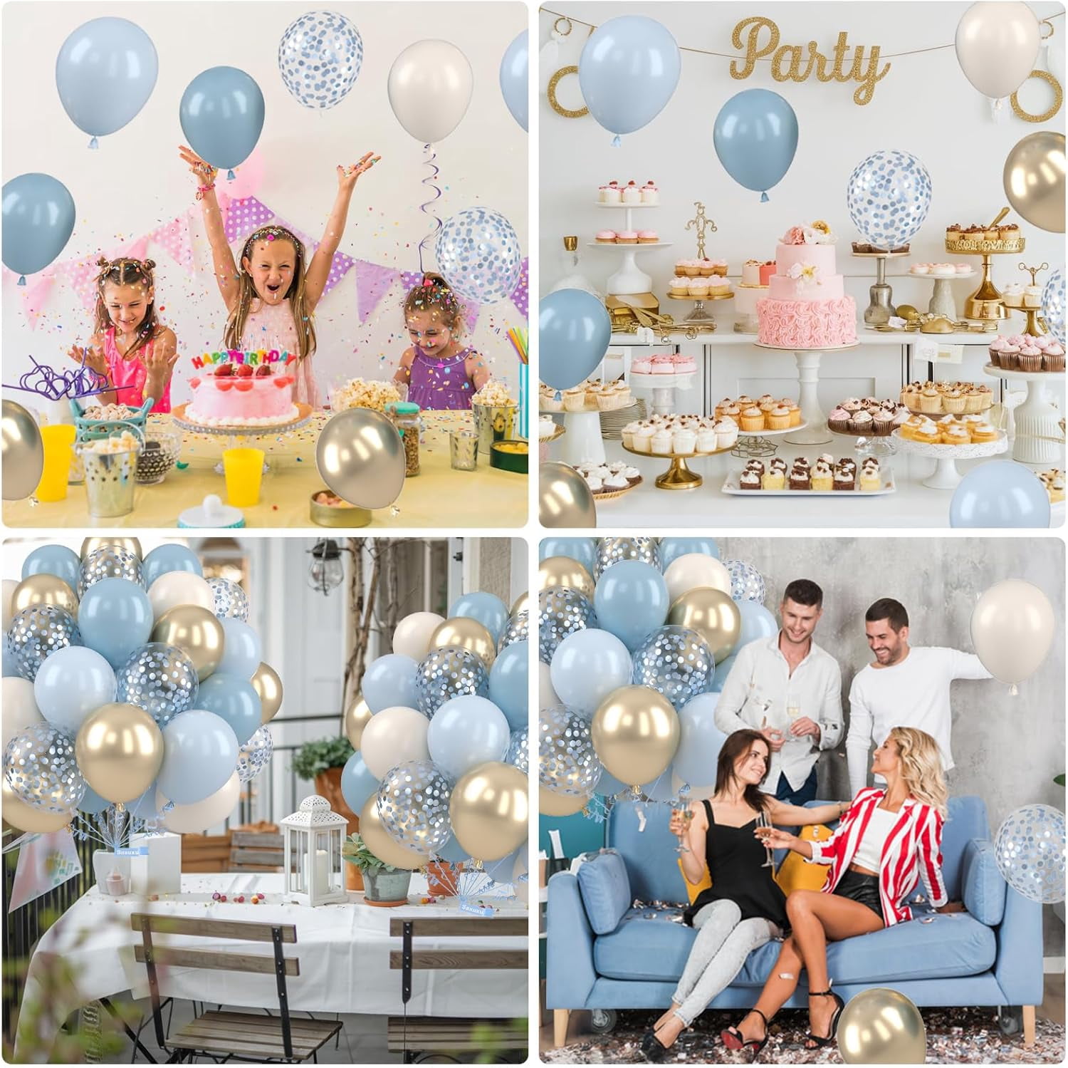 Dusty Blue and Gold Balloons, 12 Inch Blue Gold Balloons, Retro Fog Blue Metallic Golden White Confetti Balloons Latex Balloon for Wedding Baby Shower Gender Reveal Birthday Party Decoration