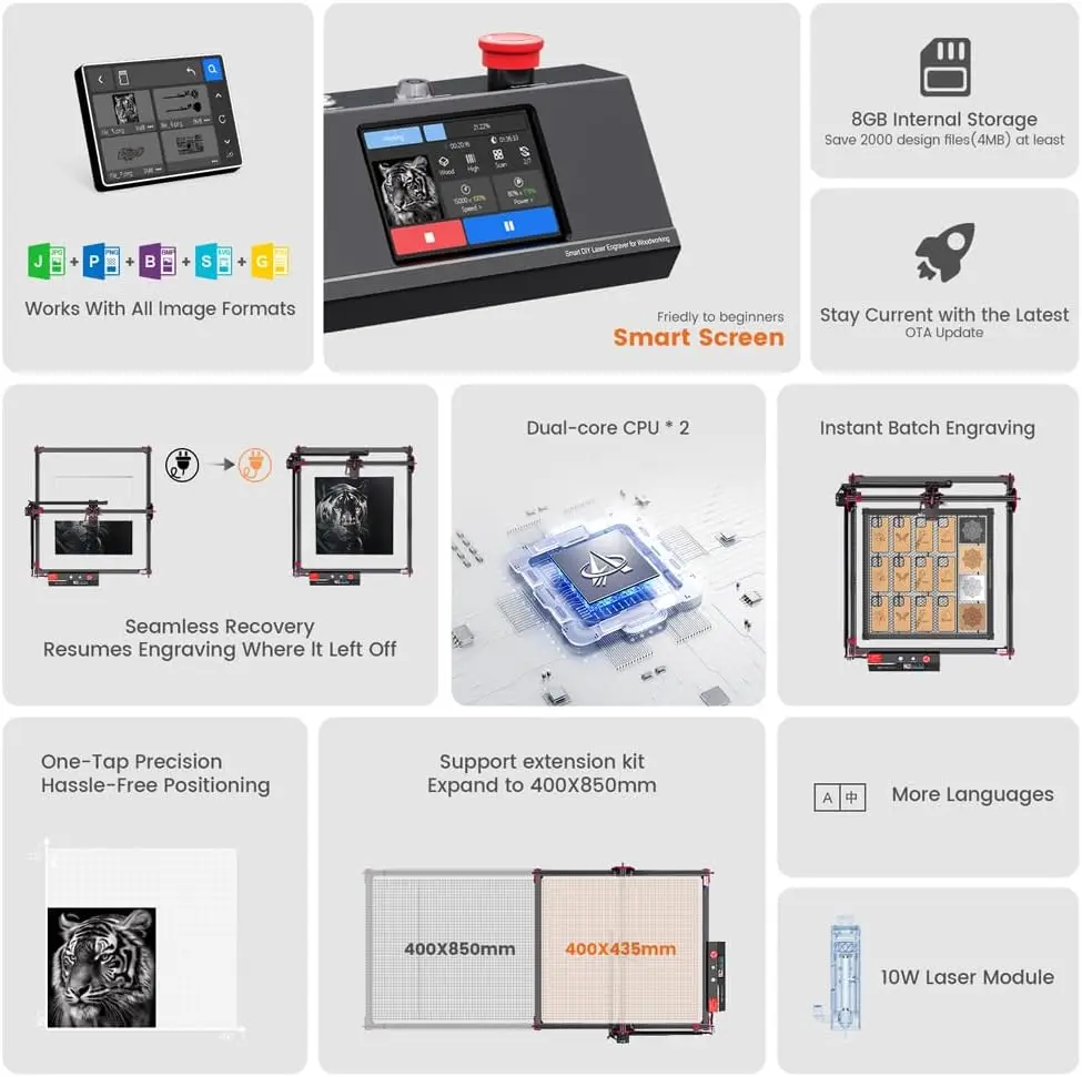 Algola/ser Brand 10W La/ser Engraver Cutter with Touch Screen Wifi Offline APP Control 40*40cm Large Size Woodworking DIY Kit MK2
