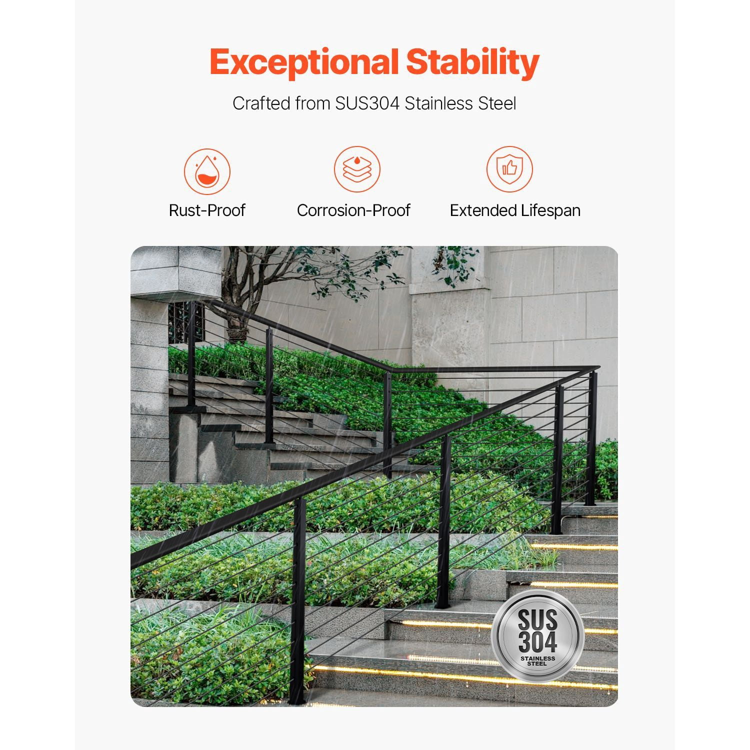 30° Hole Cable Railing Post 43"/36", SUS304 Stainless Steel, 3" Spacing, for 25-35° Stairs Deck Balcony Railing