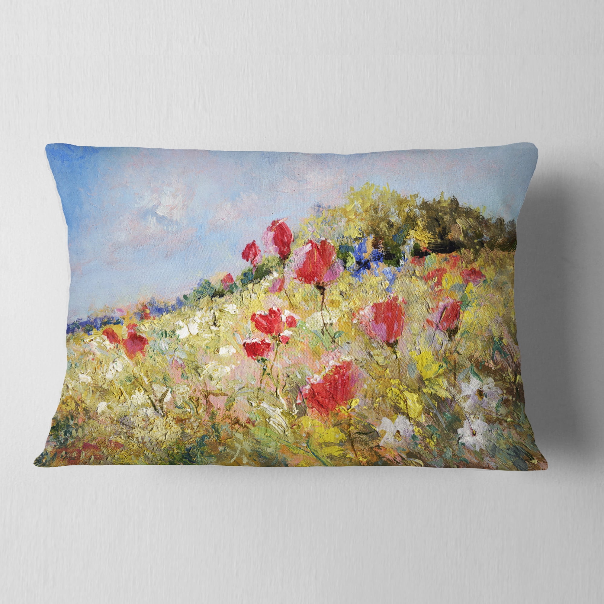 Designart Painted Poppies on Summer Meadow - Landscape Printed Throw Pillow - 12x20