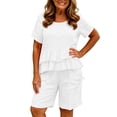 thumbnail image 6 of Womens Linen Two Piece Sets Ruffle Short Sleeve Blouse and Drawstring Pocket Shorts Casual Summer Outfits for Women White S(S), 6 of 6