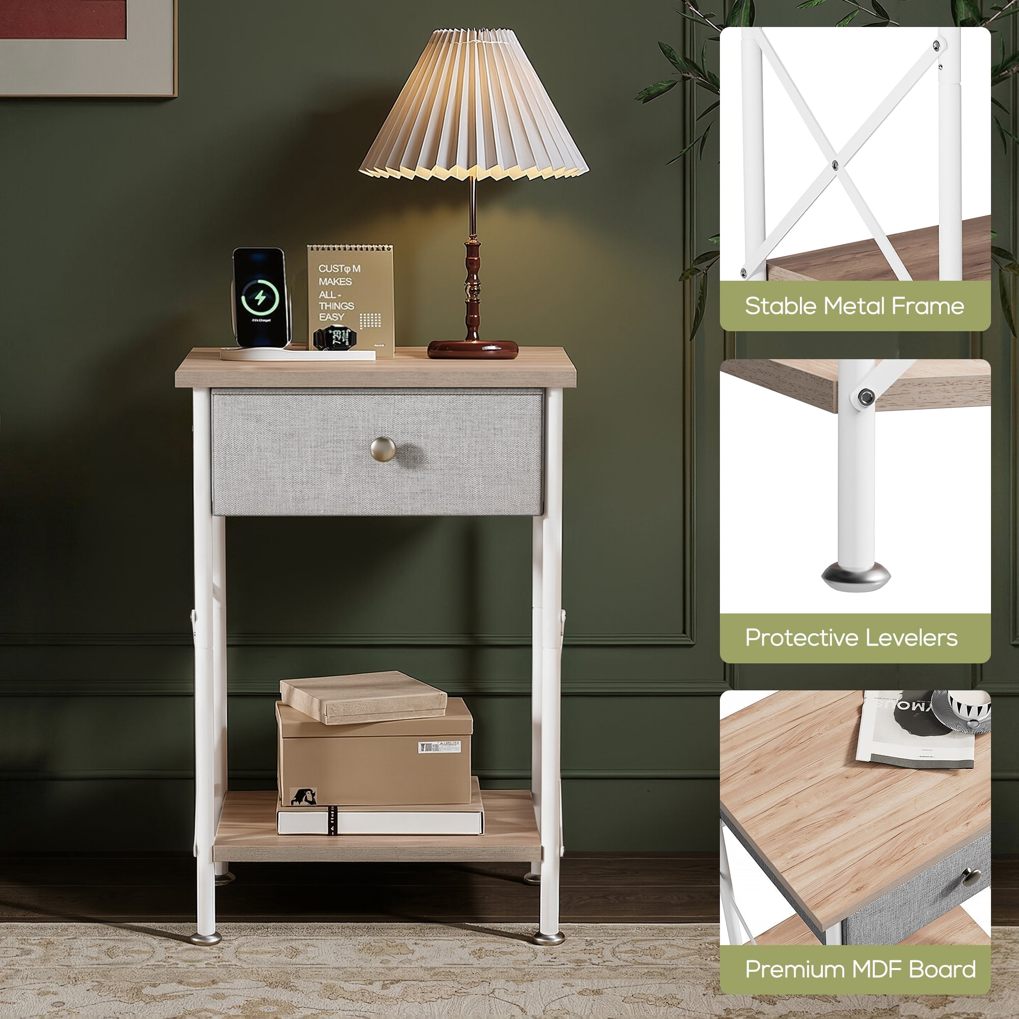VECELO Nightstands X-Design Side End Table with Detachable Drawer, Wooden Nightstands Storage Shelf for Living Room, Bedroom, Set of 2, Oak Color