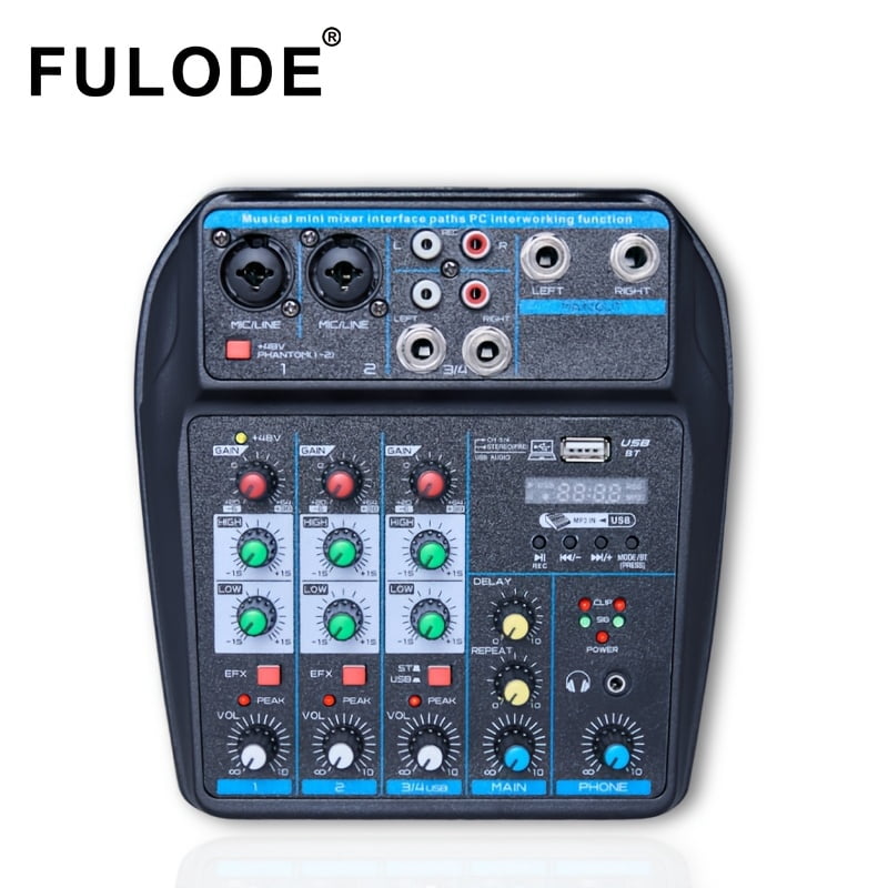 Professional 4 Channel Mini DJ Audio Mixer, Portable Channel Mixer with Multiple Interfaces, Compatible with Pcs, Suitable for Recording, Live Streaming, Easter Parties