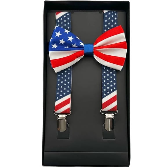 USA Flag Suspenders & Matching Bow Tie BOXED Set Wedding Prom Adjustable Patriot