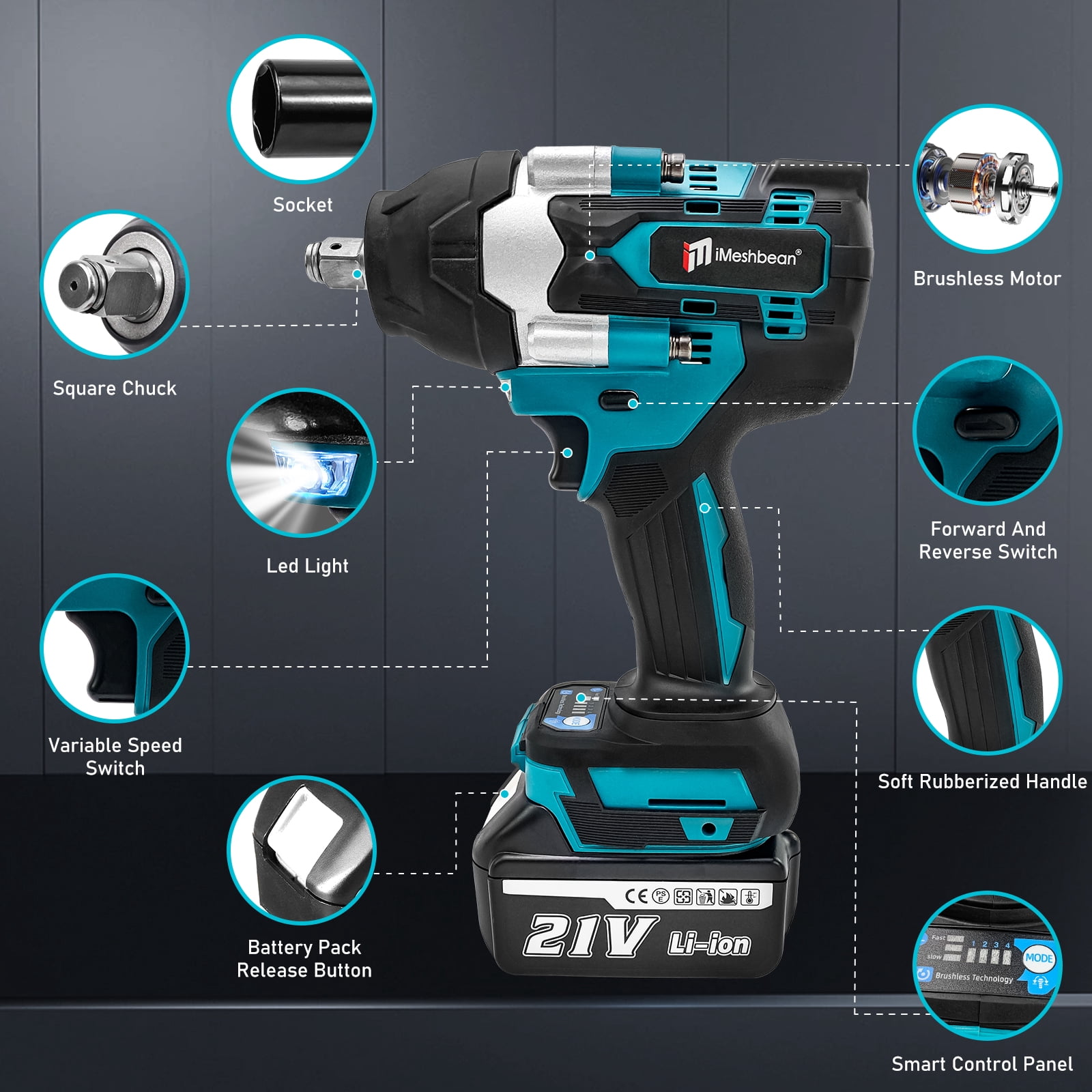 iMeshbean 21V Lithium‑Ion Brushless Cordless High‑Torque 1/2 in. Electric Impact Wrench