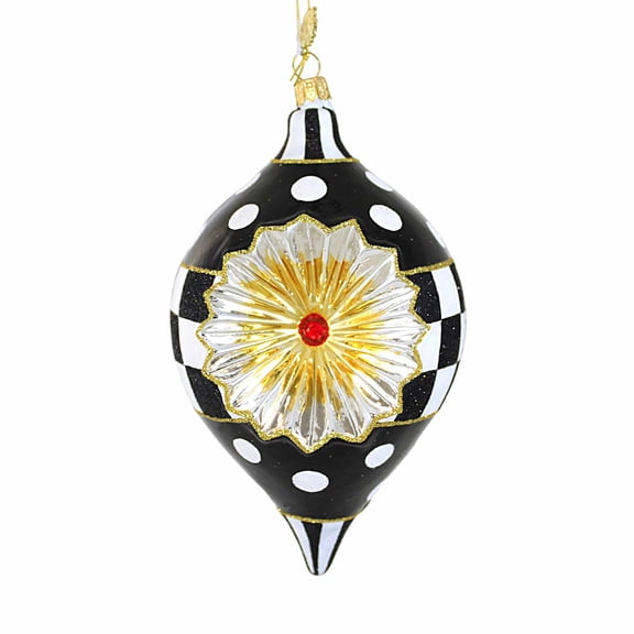 Huras Family Black And White Delight Teardrop Reflector - 1 Glass Tree Ornament 6.0 Inch, Glass - Hand Painted Modern Vintage Style Bw973
