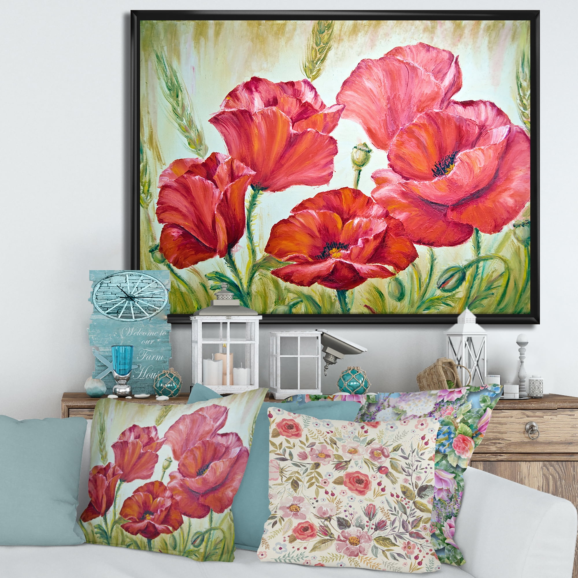 Designart 'Blossoming Red Poppies In The Morning' Traditional Framed Canvas Wall Art Print