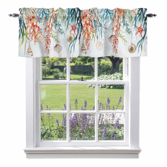 Summer Coastal Valance Curtain Coral Seaweed Shell Starfish Window Valances Rod Pocket Short Curtains Window Treatments for Kitchen Bedroom Bathroom Laundry 60" x 14"