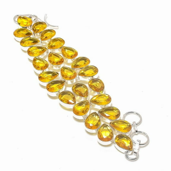Natural Citrine Gemstone Handmade 925 Sterling Silver Bracelet 7-8"