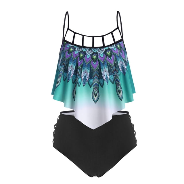 Además pluma tamaño de la impresión del recorte del entrecruzamiento de baño tankini Rosegal Camisetas sin mangas de talla grande
