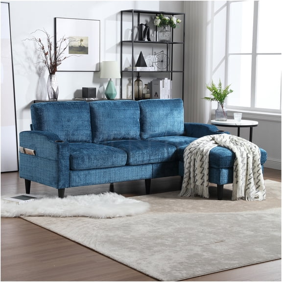 JERFIT Teal Chenille 3-Seater Sofa with Storage Ottoman, L-Shaped Sectional Couch with Cup Holders and Side Pockets for Living Room, Apartment