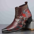 thumbnail image 2 of Men's Python Print Double Buckle Chelsea Boots - Vintage Pointed Toe Ankle Boots with Side Zipper, Comfortable Low Heel, 2 of 6