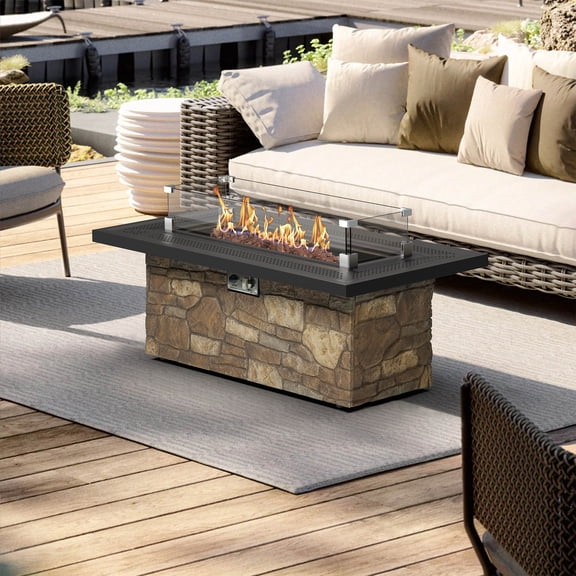 BAIDE HOME 48'' Fire Table, 50,000 BTU Modern Propane Gas Fire Pit Table with Lid, Glass Rocks, Cover, Pre-attached 10ft Propane Hose, Fint Gray