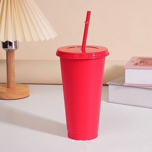 Assorted solid color reusable 710ml 24oz plastic cup cold cup coloured cup takeaway straw cup glasses with straw and lid