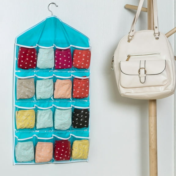 Sparsain Over Door Hanging Storage Bag, 16 Pockets Wall Door Organizer Closet Hanger Underwear Socks Bra Storage Organizer Sundries Holder (Blue)