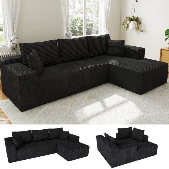 Cloud Sectional Sofa with Right L-Shaped Chaise 104", 3-Seater Modular Couch, Plush Corduroy Fabric Deep Seat, No Assembly for Living Room Black