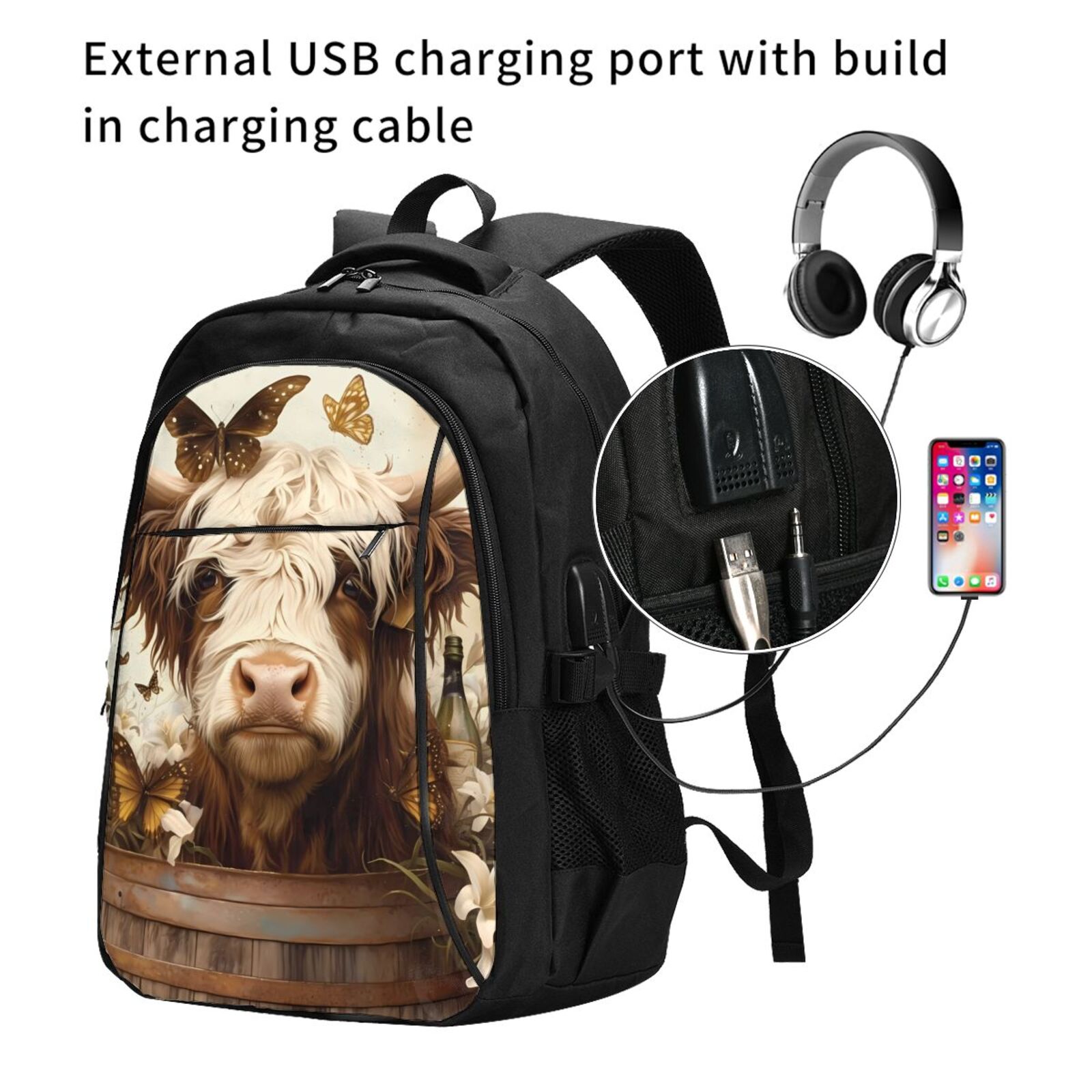 Horeoi Butterfly Cow Barrel Print USB Backpack for Travel School Work with Laptop Compartment Charging Port and Anti-Theft Pocket