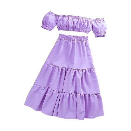 

Little Girls One Shoulder Short Sleeve Tops Pleated Long Skirt Summer Solid Color Suit Kids Child Clothing Streetwear Dailywear Outwear