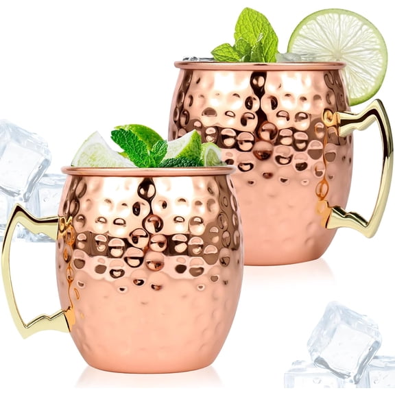 Moscow Mule Mugs Set of 2, 18oz Hammered Copper Cups Stainless Steel Cocktail Drinking Mug for Cold Drinks, Beer, Wine, Bars, Parties, Gifts