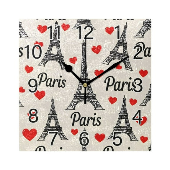 Ryvnso Paris Tower Hearts Wall Clock Square Silent Non-Ticking Battery Operated 7.78"