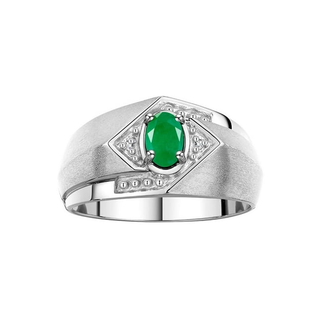 RYLOS Mens Rings 14K White Gold Ring 6X4MM Oval Shape Gemstone & Diamond Ring Emerald May Birthstone Rings For Man Gold Rings Size 8