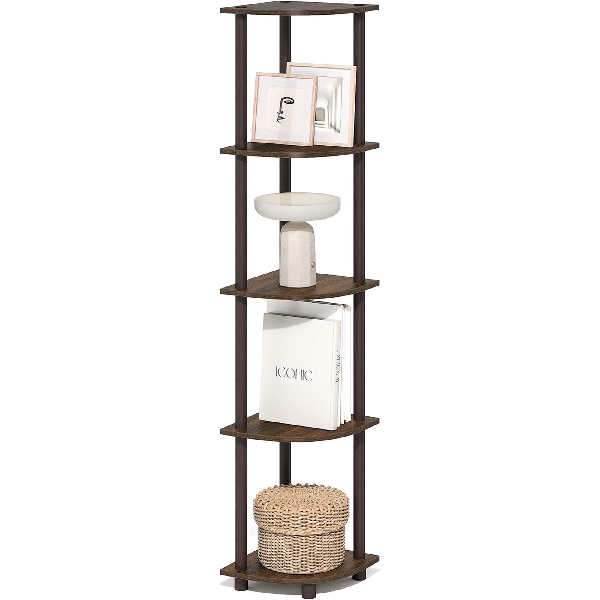 SolaceHue Corner Shelf 5-Tier Corner Bookshelf Open Storage Shelves for Organization and Storage Living Room Home Office Garage Bedroom Black Walnut